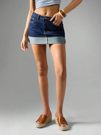 Low Rise Denim Mini Skirt with Folded Hem Pocket Detail Streetwear