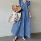 Oversized Denim Look Maxi Dress with Relaxed Fit and Petal Sleeves