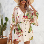 Flutter Sleeve Printed Mini Dress with Elastic Waist and Relaxed Fit