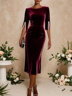 Burgundy Velvet-Finish Midi Pencil Dress with Split Petal Sleeves