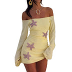 Off Shoulder Knit Mini Dress with Decorative Appliqué Y2K Inspired Style
