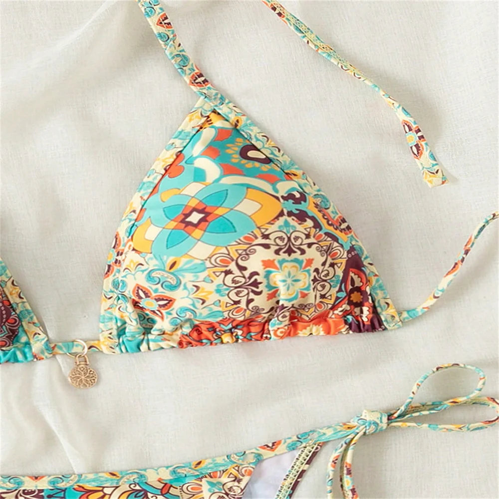 Bohemian Paisley Print String Bikini with Beaded Tie Details