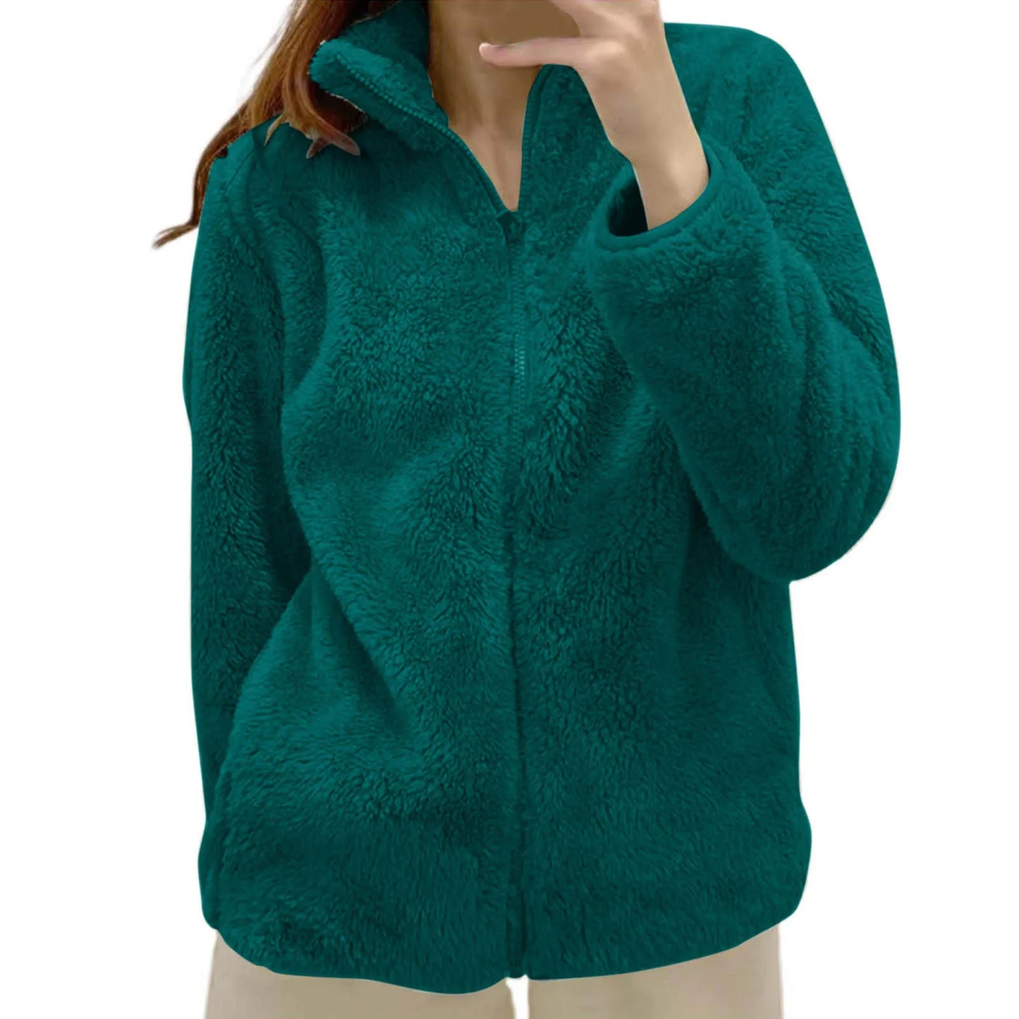 Women's Plush Polar Fleece Zip Jacket with Relaxed Streetwear Layering Fit