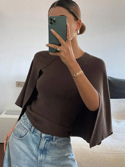 Women's Relaxed Batwing Sleeve Crew Neck Cotton Knit Poncho Style Casual Pullover Sweater