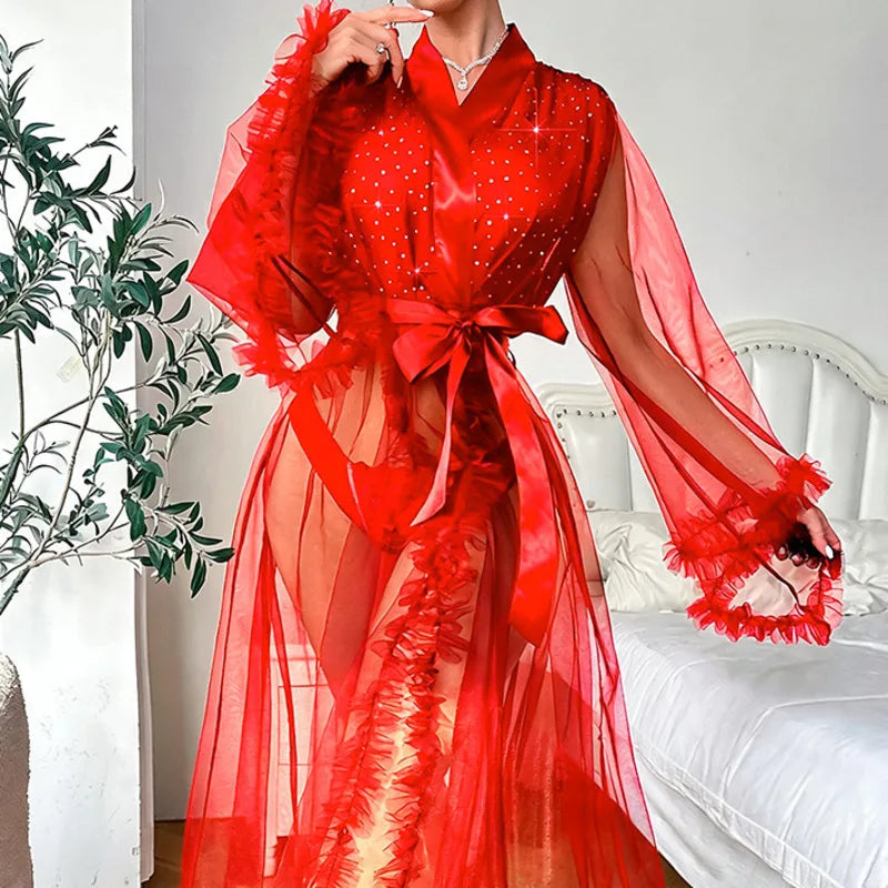 Sheer Black Mesh Long Robe with Wide Flared Sleeves and Ruffled Trim