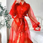 Sheer Black Mesh Long Robe with Wide Flared Sleeves and Ruffled Trim