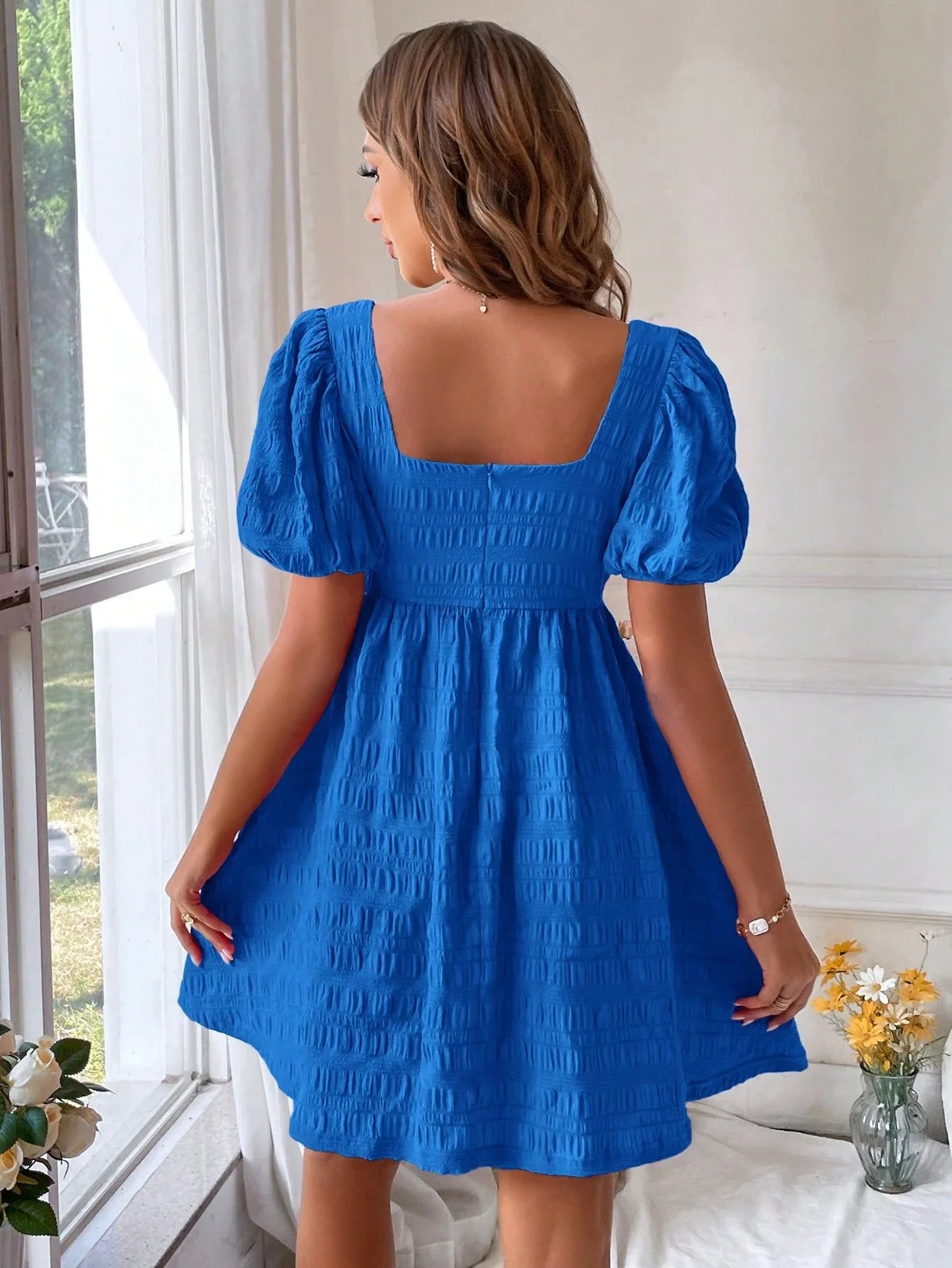 Square Neck Puff Sleeve Smocked Mini Dress with Relaxed A-Line Fit