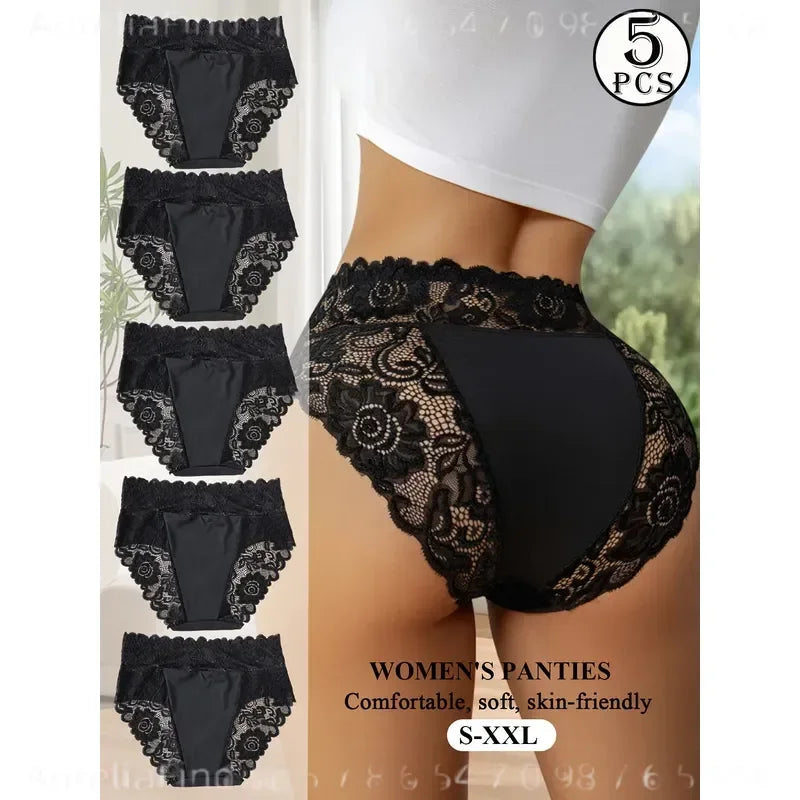 5-Piece Women’s High-Waisted Lace Briefs Set with Floral Detailing, Delicate Trim and Classic Full-Coverage Silhouette