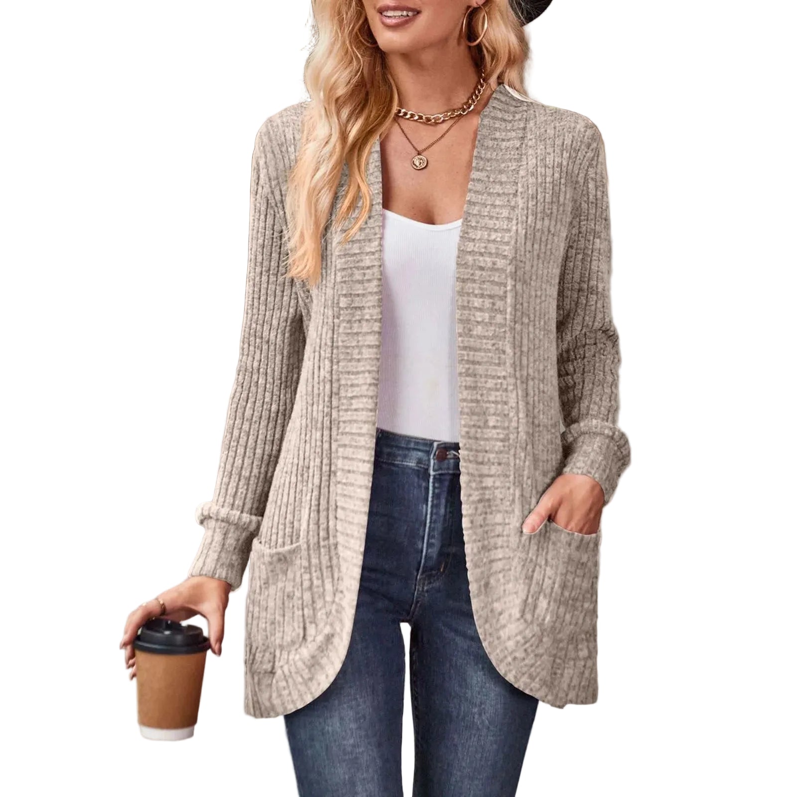 Women's Open Front Textured Cardigan with Pockets and Relaxed Long Sleeve Fit