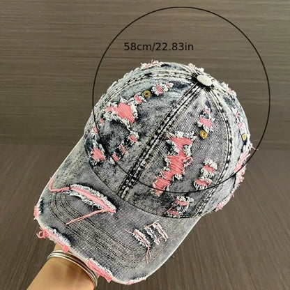 Vintage Distressed Washed Denim Style Baseball Cap with Ripped Detail for Casual Streetwear Fashion
