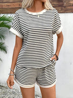 Striped Batwing Sleeve Top and Shorts Casual Summer Co-Ord Set