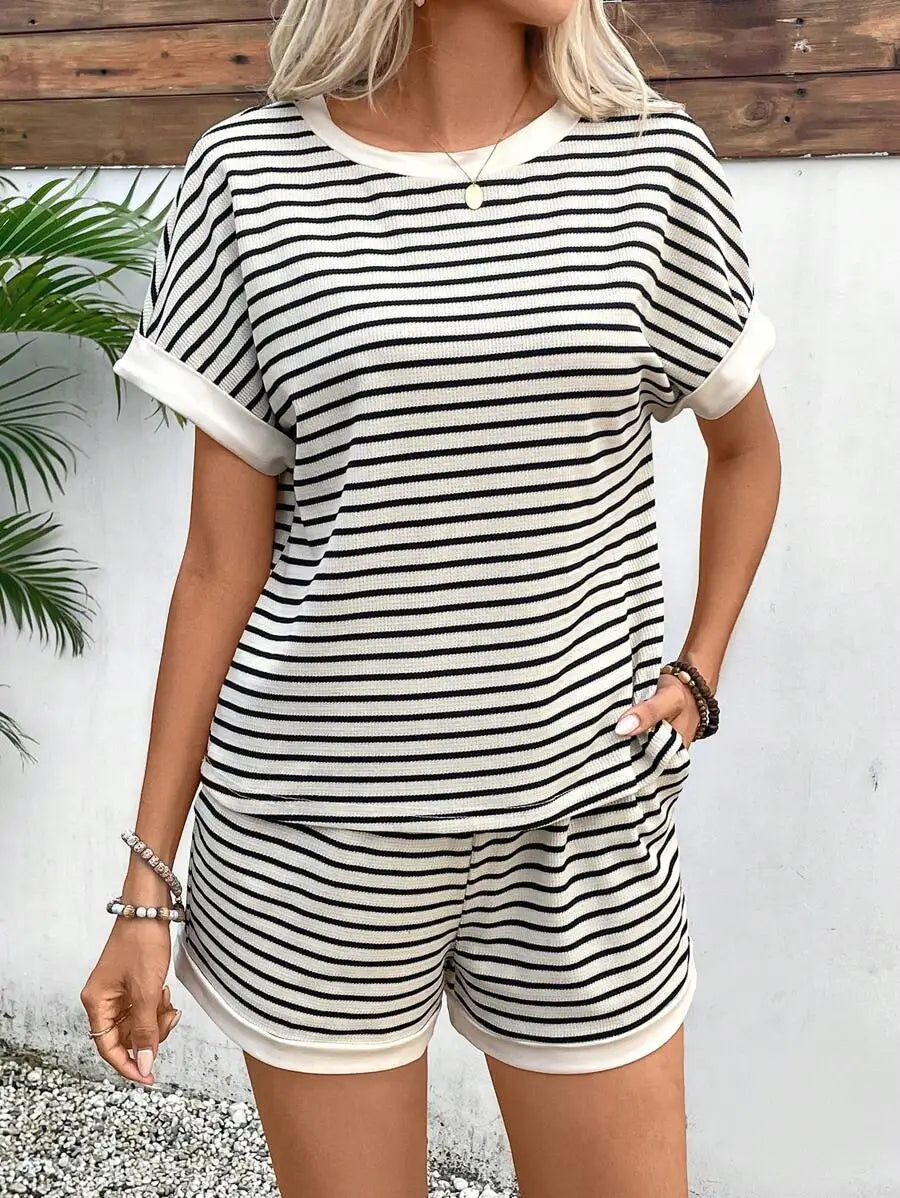 Striped Batwing Sleeve Top and Shorts Casual Summer Co-Ord Set