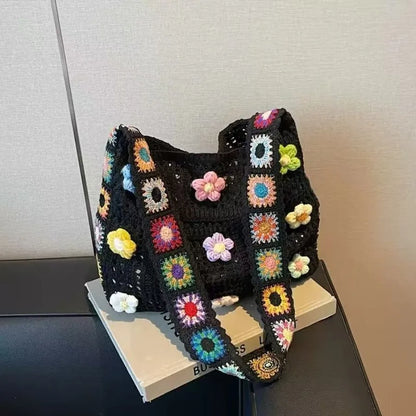 Open Knit Tote Shoulder Bag with Large Capacity Casual Design