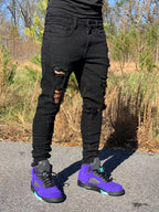 Men's Distressed Skinny Denim Jeans with Ripped Details and Stretch Streetwear Fit