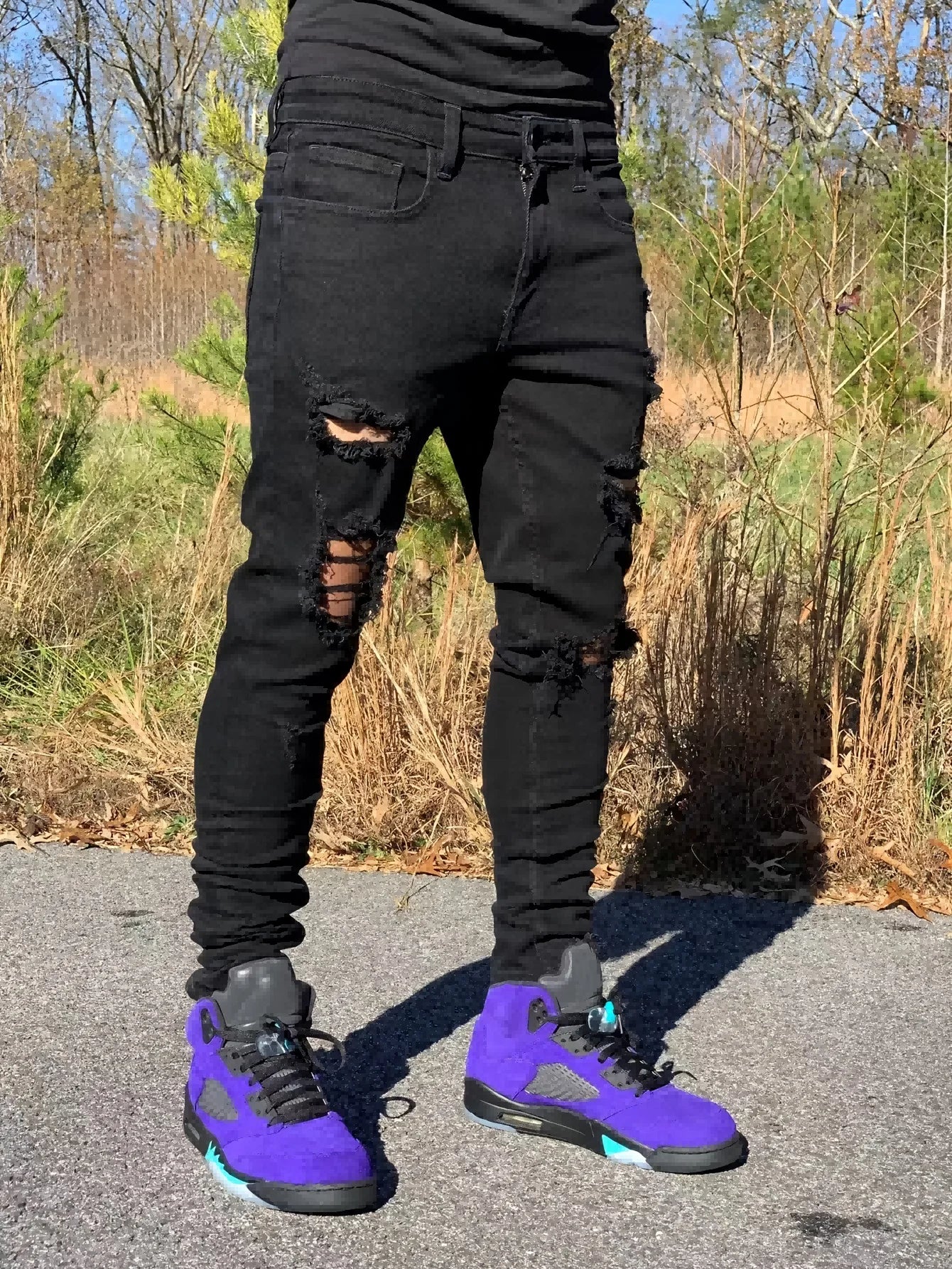 Men's Distressed Skinny Denim Jeans with Ripped Details and Stretch Streetwear Fit