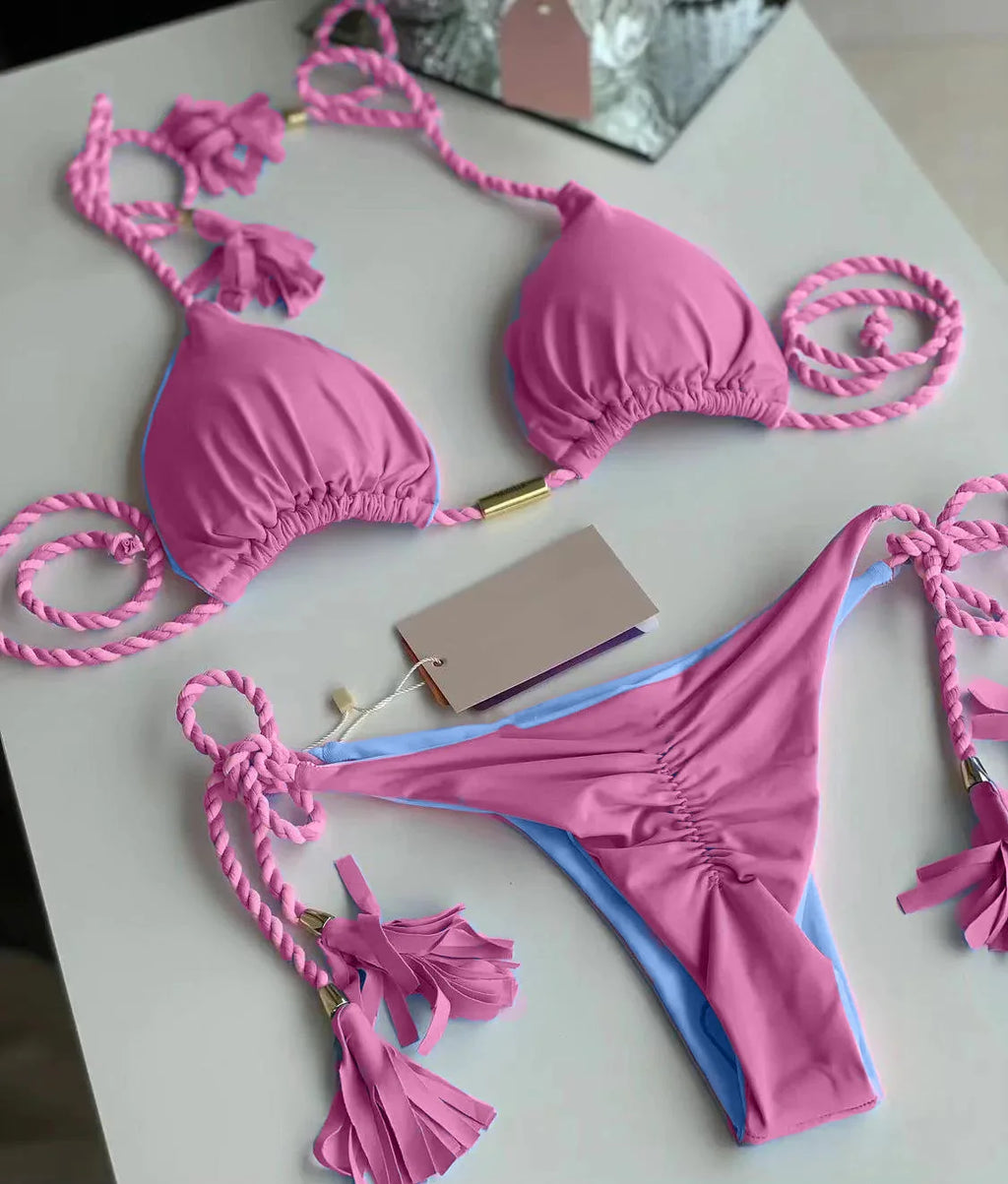 Soft Periwinkle Triangle Bikini Set with Two-Tone Twisted Rope and Tassel Details