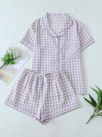 Women's Plaid Short Sleeve Pajama Shorts Co-Ord Set Lightweight Sleepwear