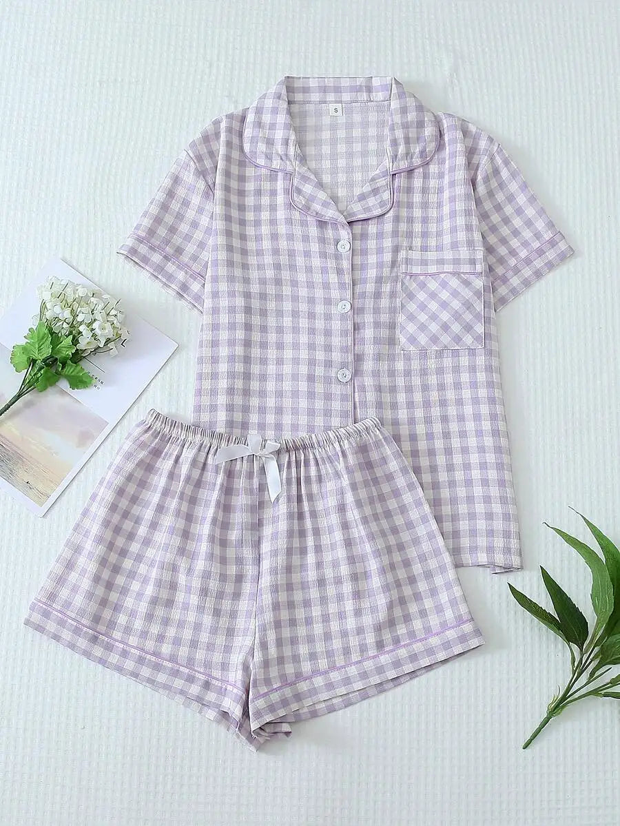 Women's Plaid Short Sleeve Pajama Shorts Co-Ord Set Lightweight Sleepwear
