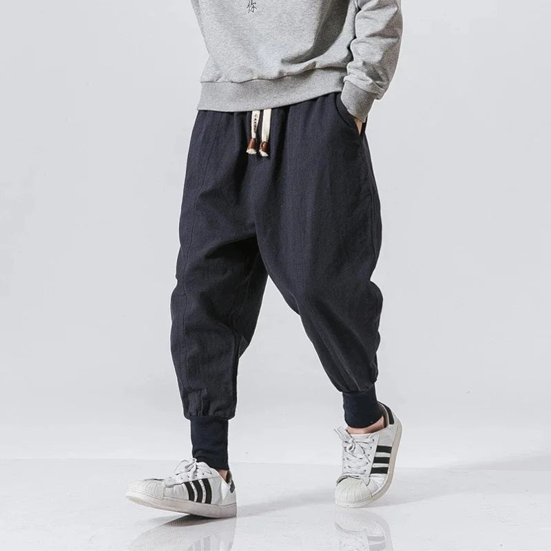 Men's Cotton Linen Drop Crotch Harem Pants with Elastic Waist Relaxed Casual Streetwear Style