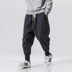 Men's Cotton Linen Drop Crotch Harem Pants with Elastic Waist Relaxed Casual Streetwear Style