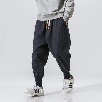Men's Cotton Linen Drop Crotch Harem Pants with Elastic Waist Relaxed Casual Streetwear Style