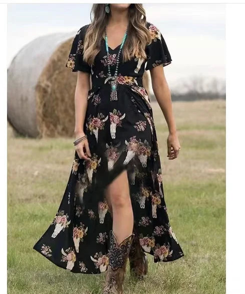 Printed Split Hem Maxi Dress with Relaxed Fit and Short Sleeves