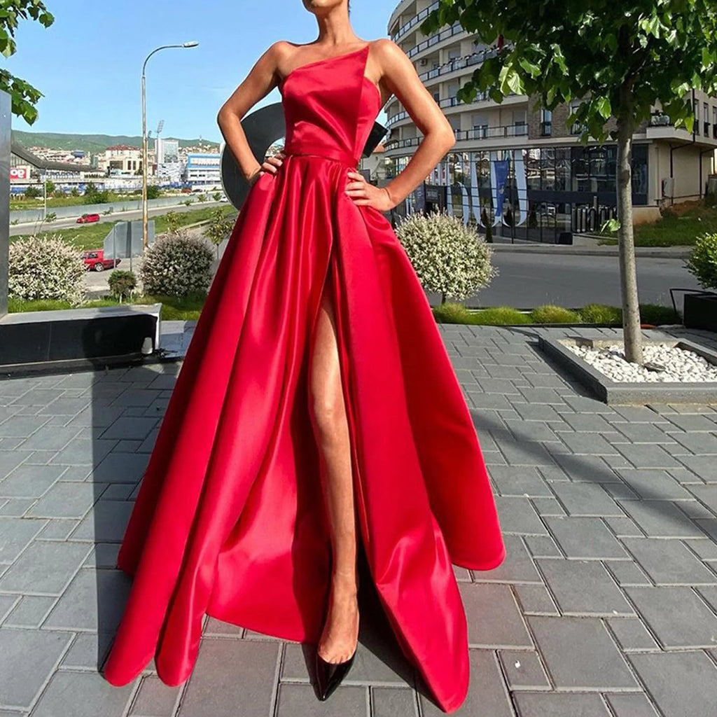 One Shoulder Satin-Inspired Maxi Dress with High Slit and Draped Detail