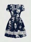 Women's Gothic-Inspired Graphic Print Mini Dress with Lace Patchwork and Puff Sleeves