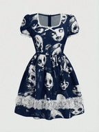 Women's Gothic-Inspired Graphic Print Mini Dress with Lace Patchwork and Puff Sleeves