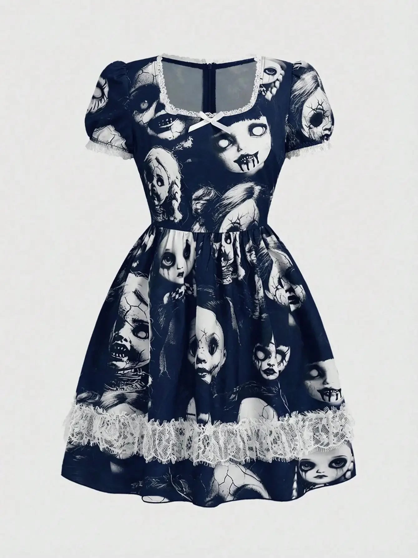 Women's Gothic-Inspired Graphic Print Mini Dress with Lace Patchwork and Puff Sleeves