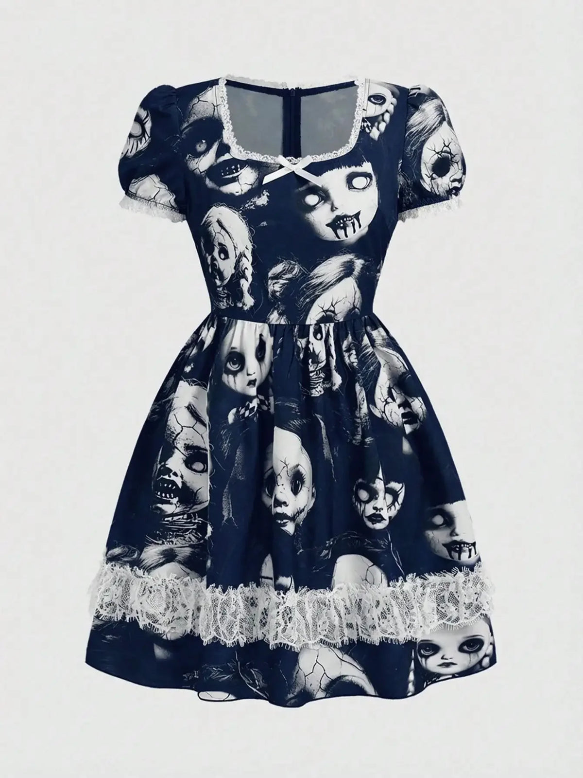 Women's Gothic-Inspired Graphic Print Mini Dress with Lace Patchwork and Puff Sleeves