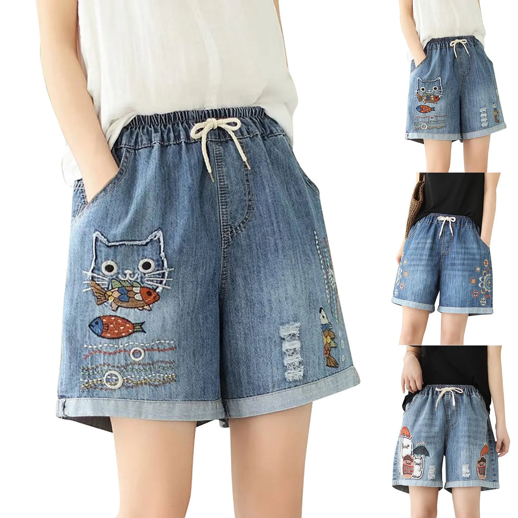 Women's Relaxed Denim Shorts with Drawstring Waist Embroidered Details and Casual Wide Leg Fit
