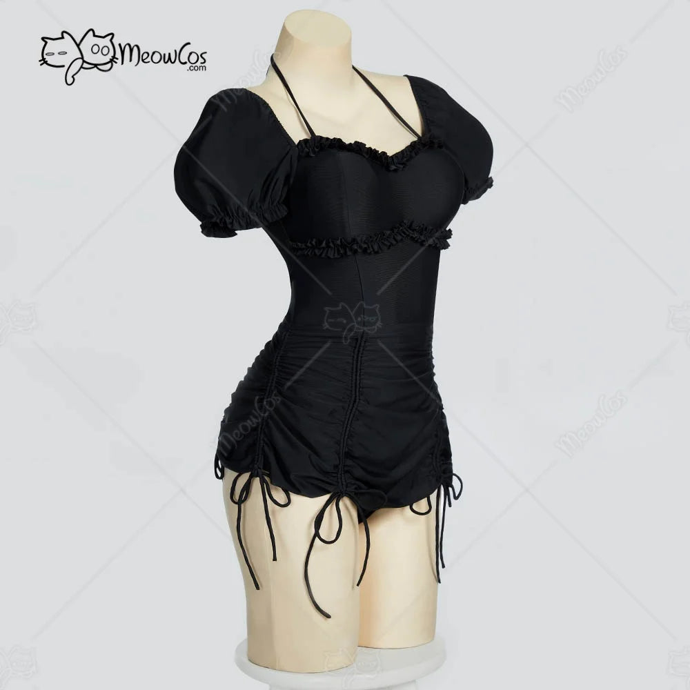 Women's Vintage Inspired Puff Sleeve Drawstring One Piece Swimsuit with Ruched Fit Design
