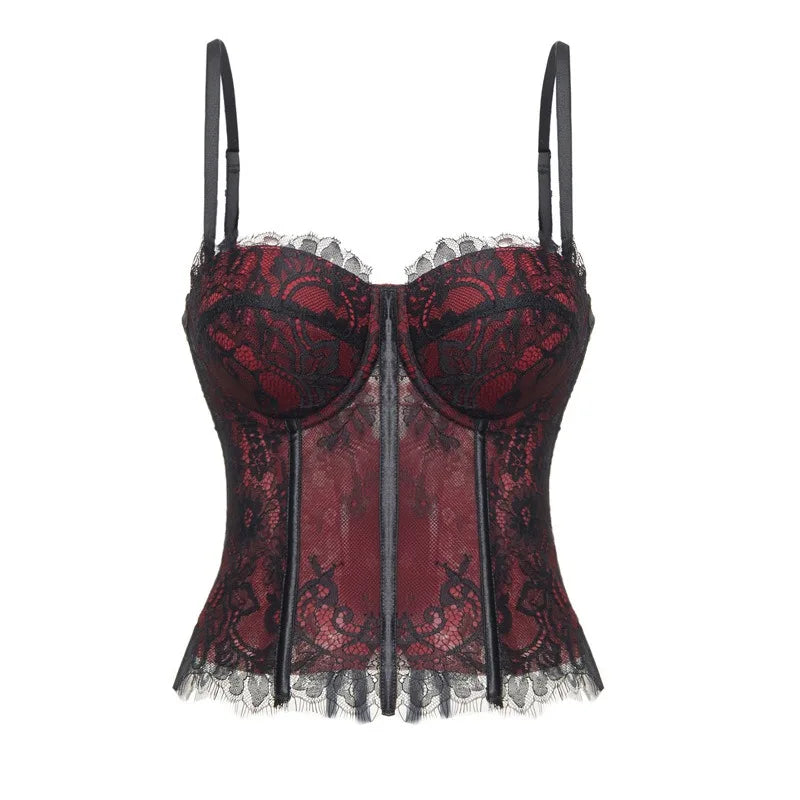 Lace Corset-Inspired Cami Top with Sheer Paneling and Adjustable Straps