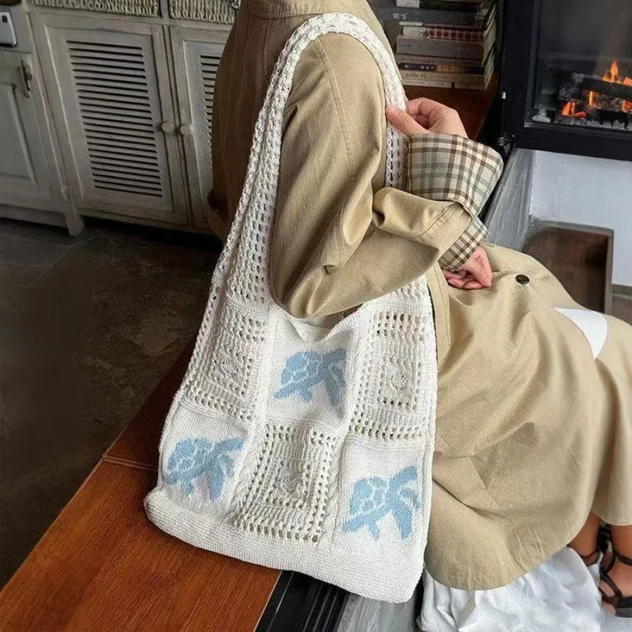 Open Knit Tote Shoulder Bag with Large Capacity Casual Design