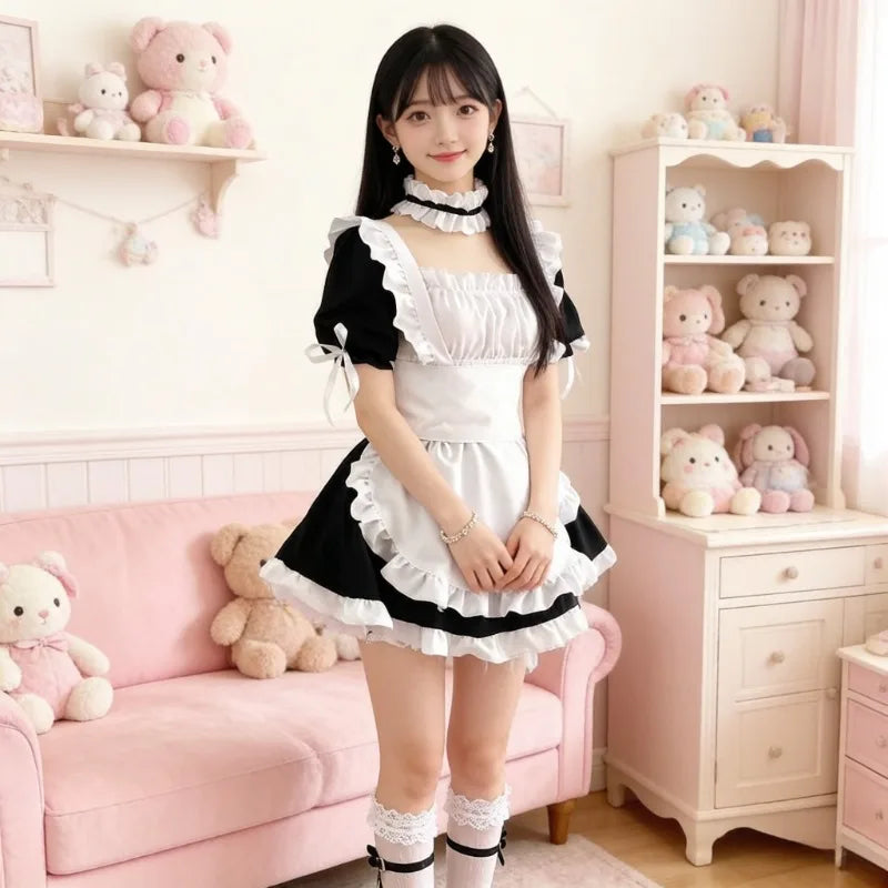 Classic Black and White Lolita Maid Dress with Ruffled Apron and Puff Sleeves