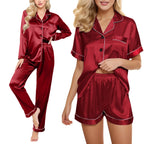 Women's 4-Piece Satin-Look Pajama Set, Short- and Long-Sleeve Tops with Matching Pants and Shorts, Soft Coordinated Loungewear