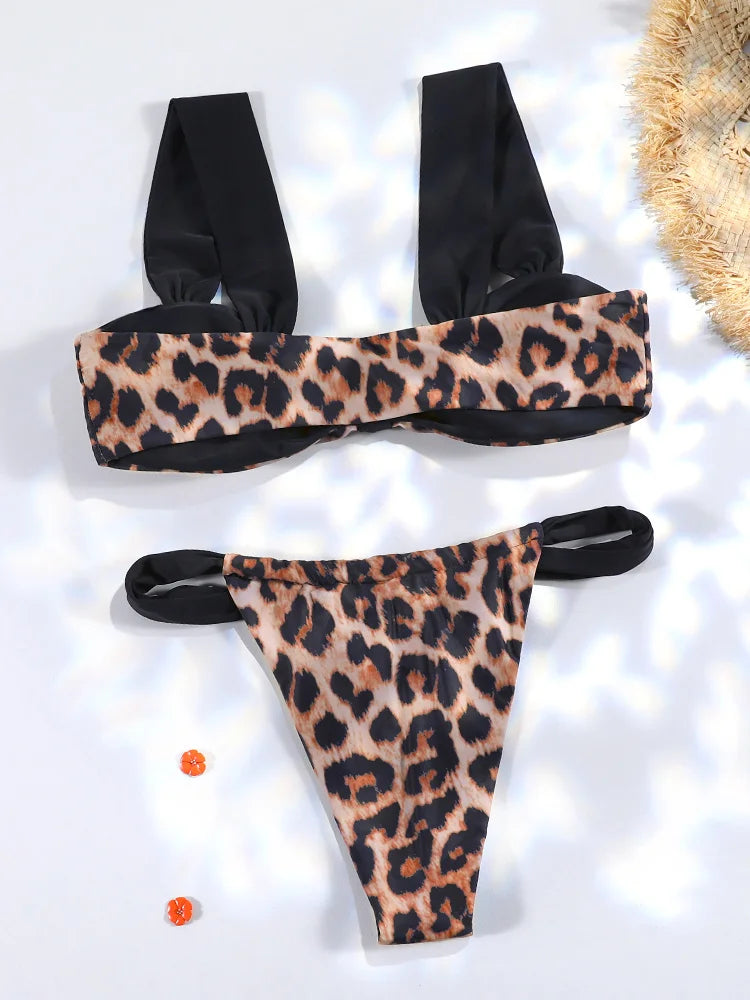 Leopard Print and Black Contrast Block Bikini Set with Wide Straps