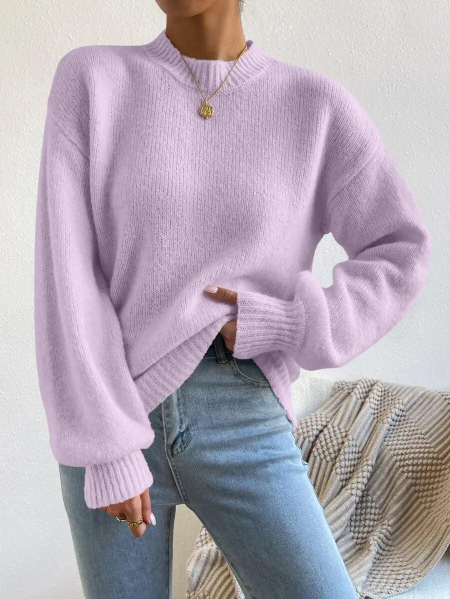 Women's Mock Neck Drop Shoulder Knit Sweater with Relaxed Oversized Silhouette