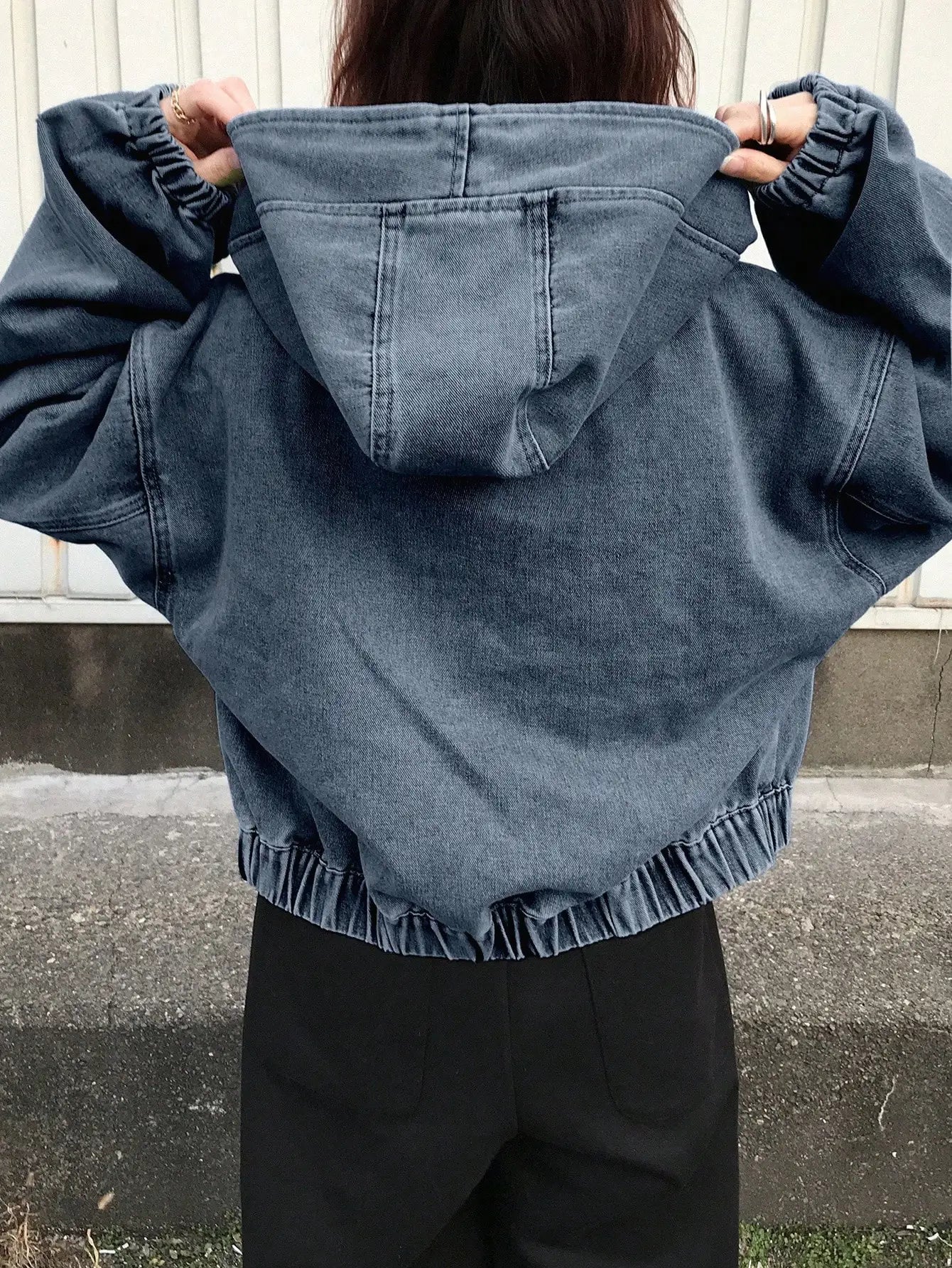 Women's Hooded Denim Zip-Up Jacket Relaxed Streetwear Drawstring Everyday Outerwear
