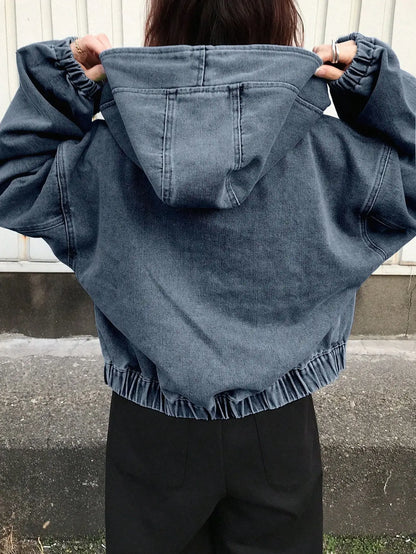 Women's Hooded Denim Zip-Up Jacket Relaxed Streetwear Drawstring Everyday Outerwear