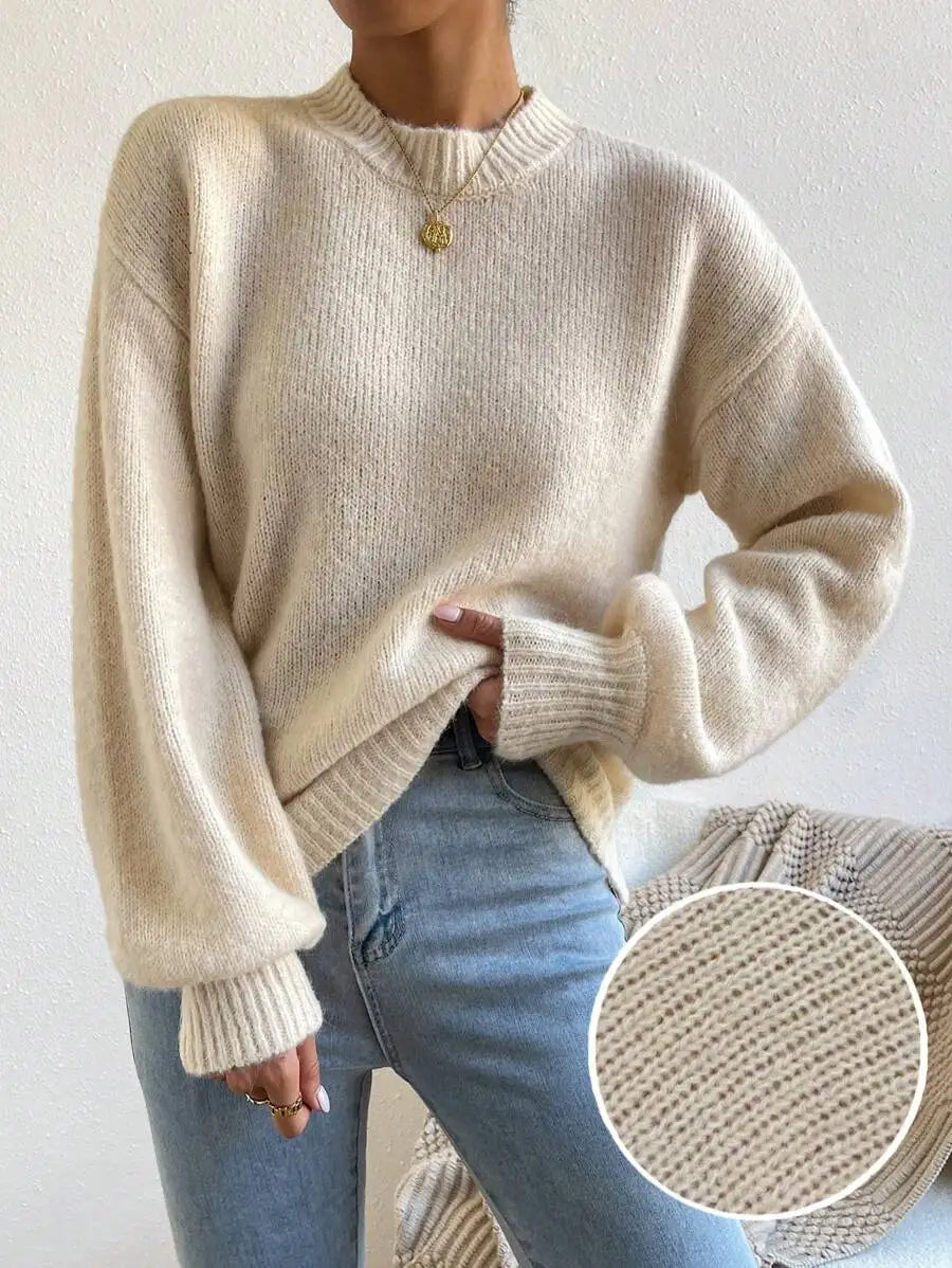 Women's Mock Neck Drop Shoulder Knit Sweater with Relaxed Oversized Silhouette