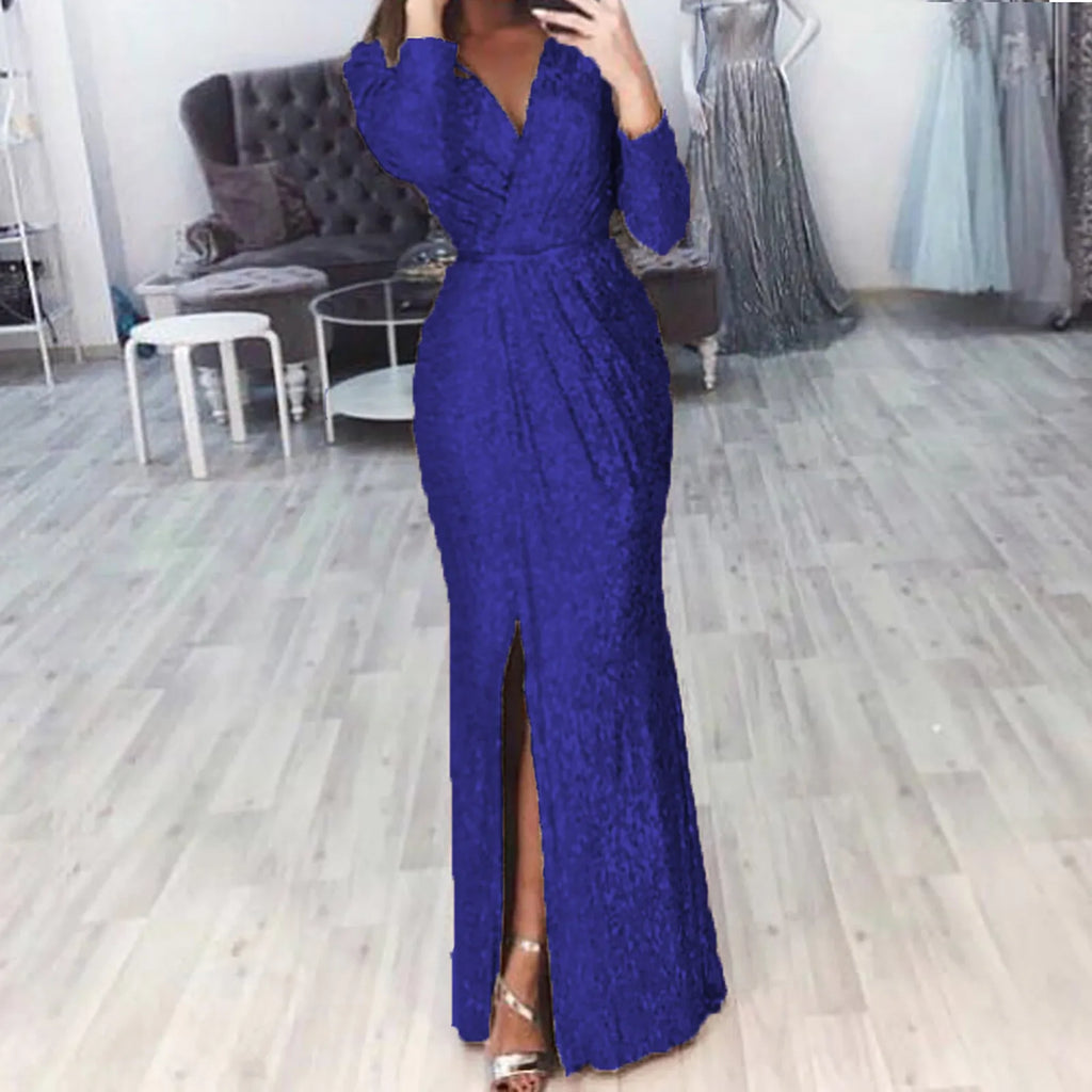 Textured Long Sleeve Maxi Dress With Sculpted Fit And Slit