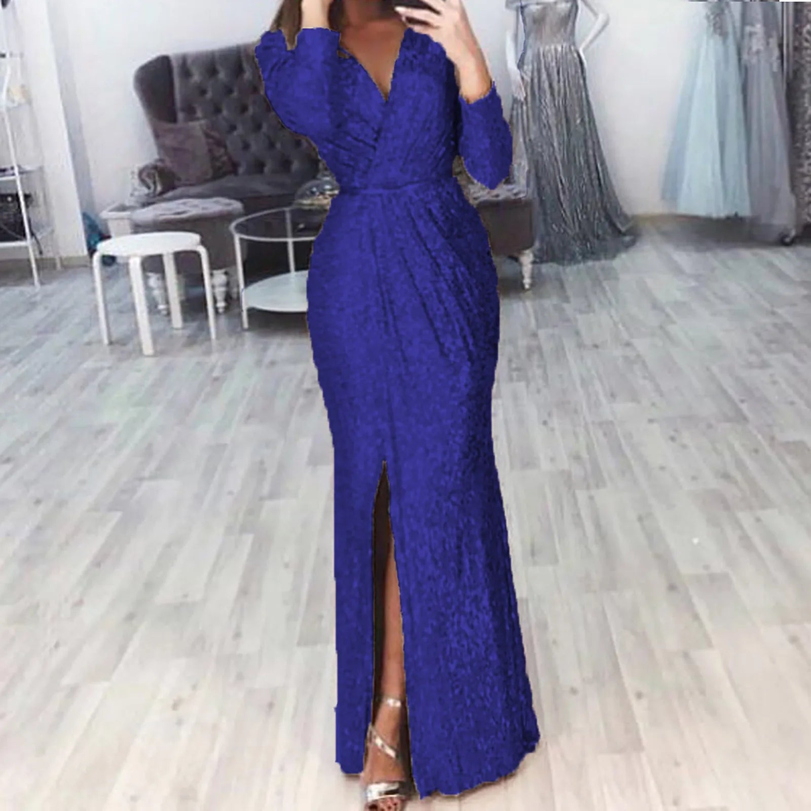 Textured Long Sleeve Maxi Dress With Sculpted Fit And Slit