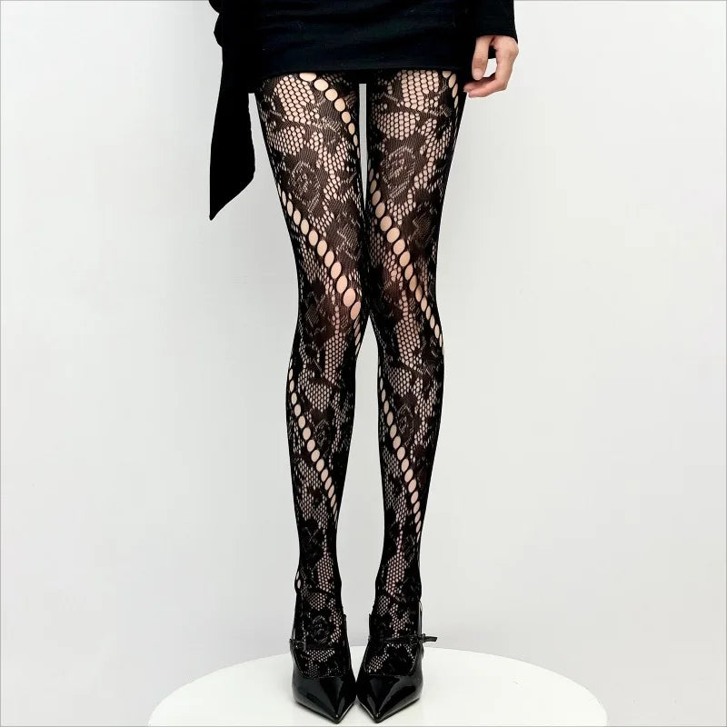 Vintage Floral Fishnet Lace Pattern Sheer Tights with Allover Mesh Design for Modern Styling