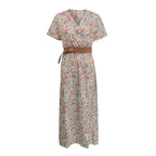 Floral Print A-Line Maxi Dress with Belt and Short Sleeves