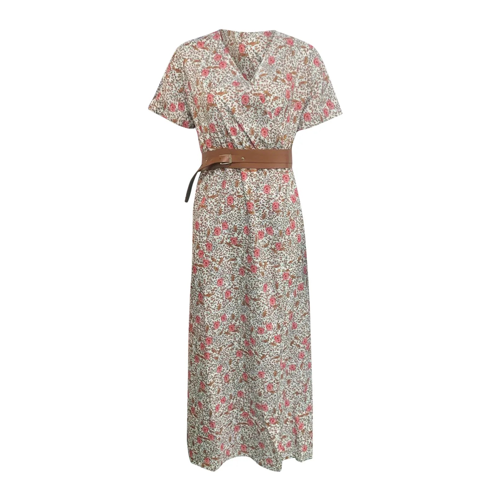 Floral Print A-Line Maxi Dress with Belt and Short Sleeves