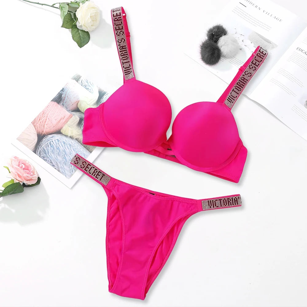 Sleek Minimalist Contour Underwire Bra and Thong Set with Crystal-Embellished Straps