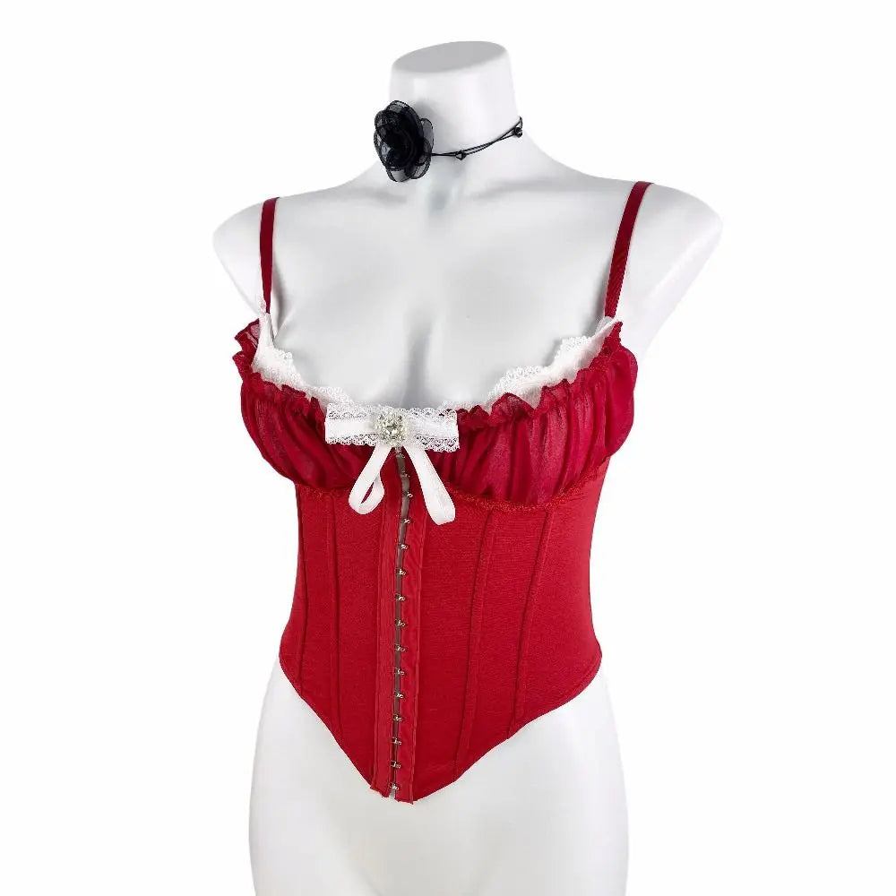 Vintage-Inspired Black Overbust Corset with White Ruffled Lace Trim