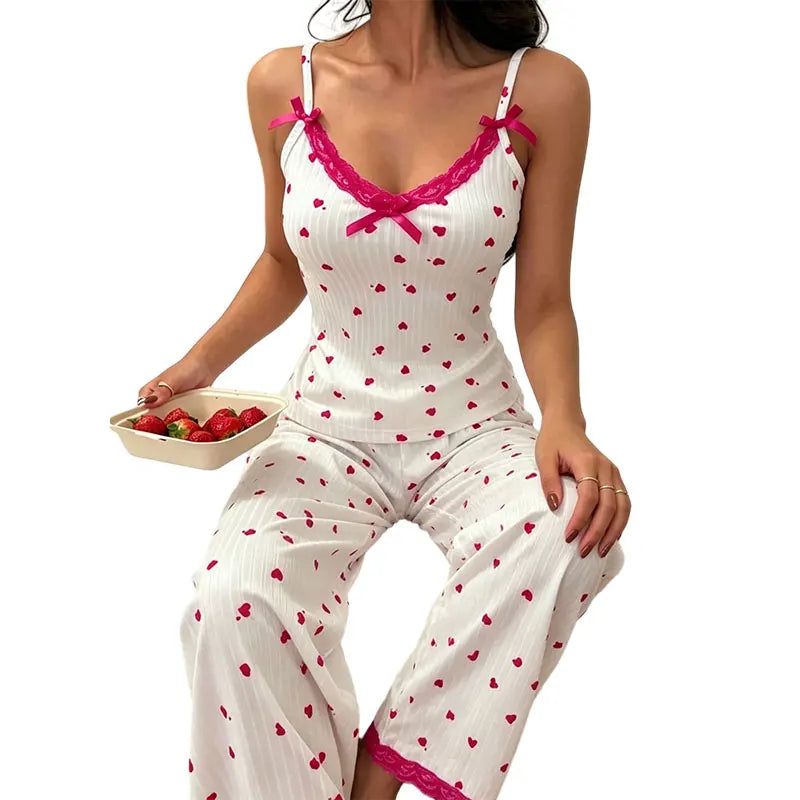 Playful Heart Print V-Neck Loungewear Jumpsuit with Pink Lace Trim and Ribbon Bows